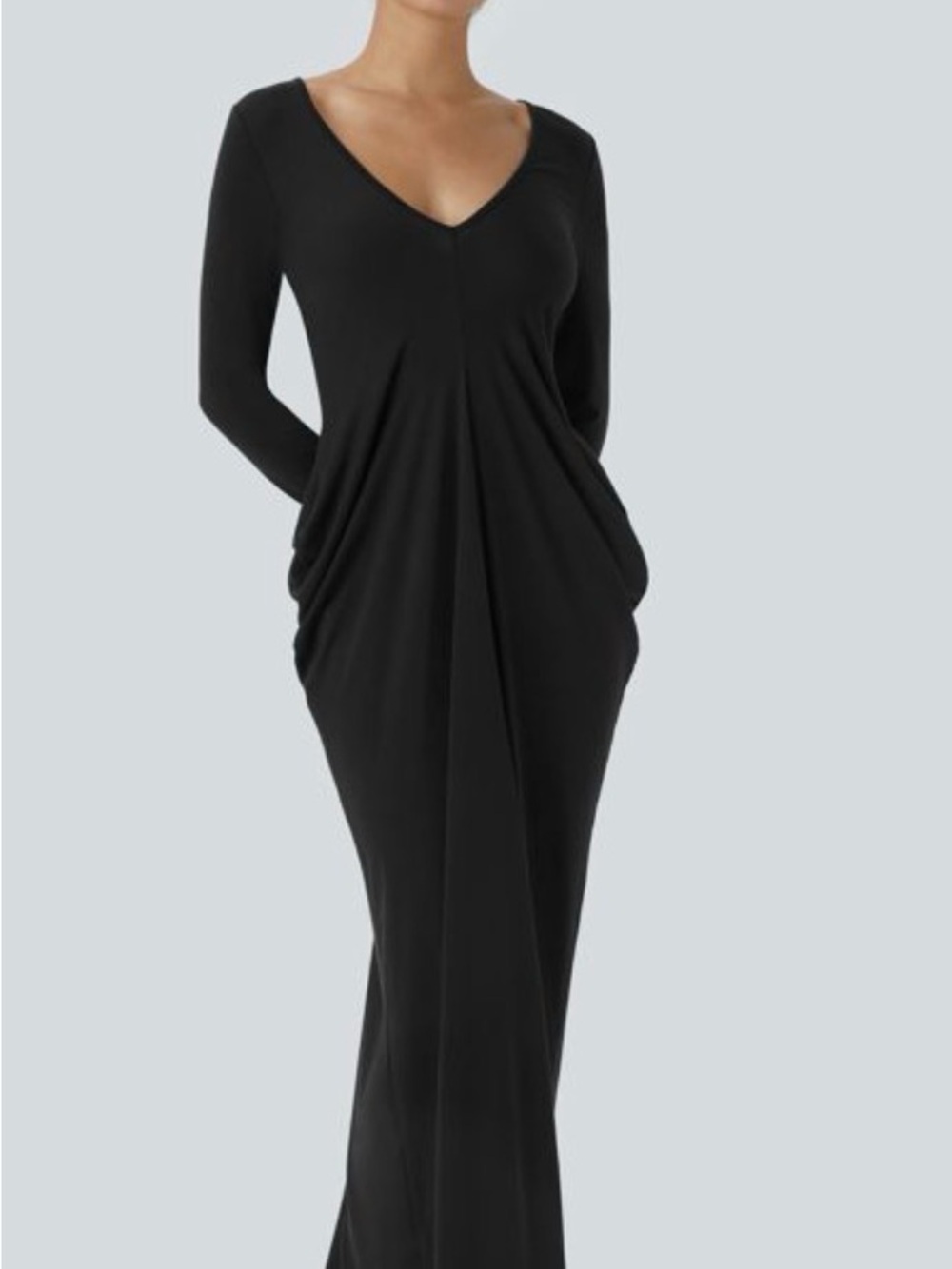 HALARA- Deep V Neck Long Sleeve Stacked Ruched Maxi Casual Dress